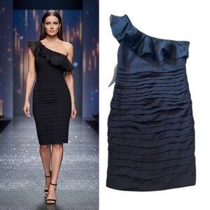 Alice + Olivia Gale Silk Dress Sz 6 Black One Shoulder Ruffle Mini Ruched Party